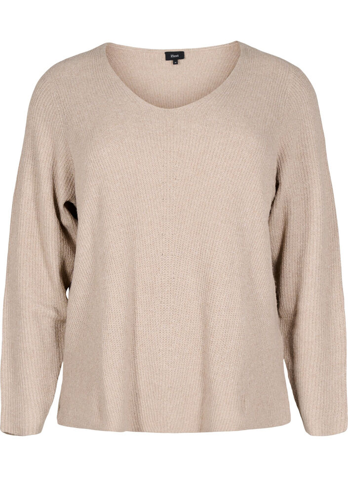 Dzianinowa bluzka z dekoltem w szpic i dlugimi rekawami, Simply T. White Mel., Packshot image number 0