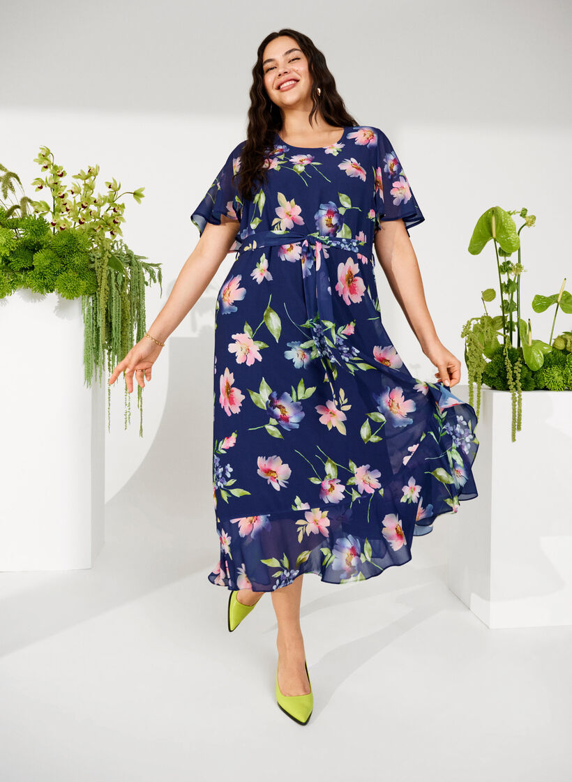 Kwiecista sukienka midi z krótkim rekawem i kwiatowym nadrukiem, Blueprint Flower AOP, Image