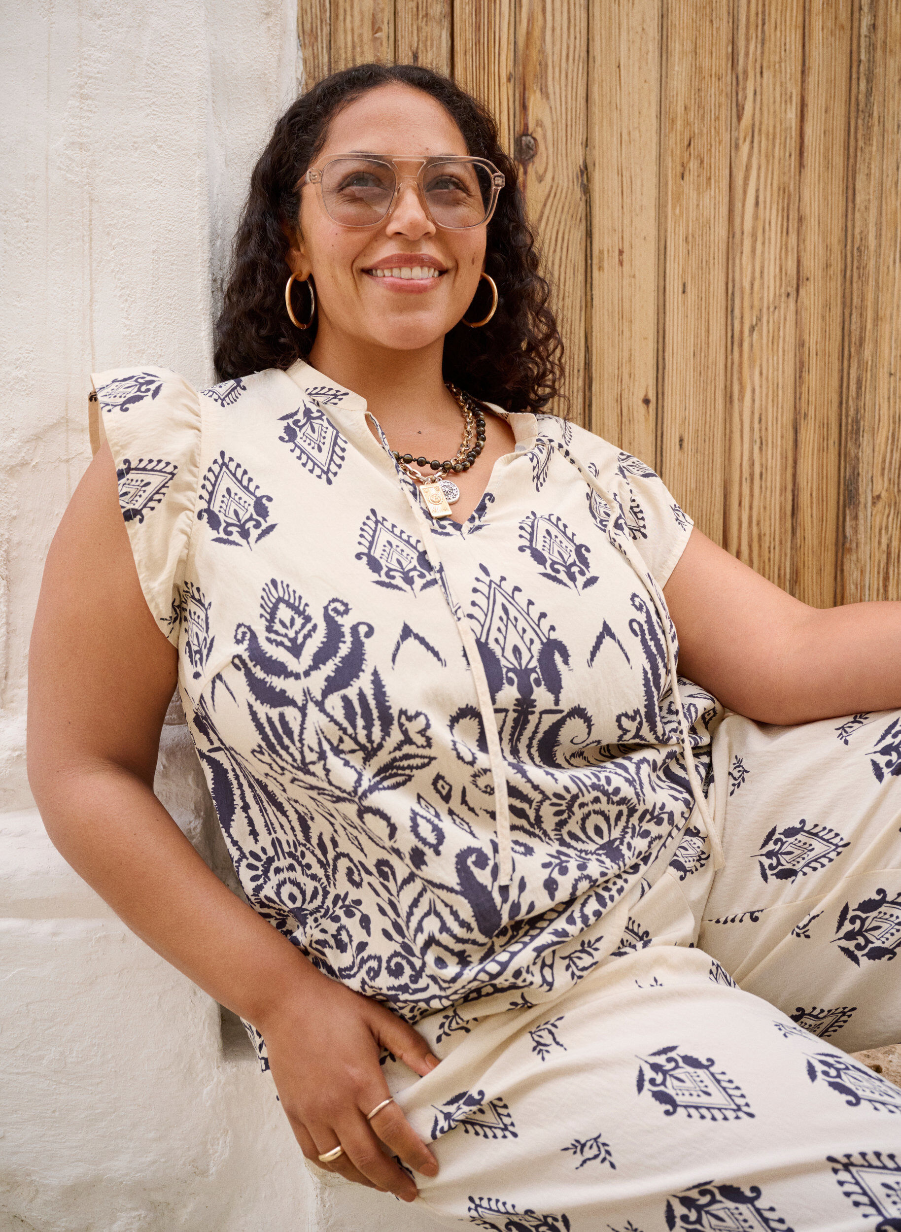 Zizzi Bluzka bez rekaw&oacute;w z falbanka i nadrukiem, Beżowy, Image image number 0