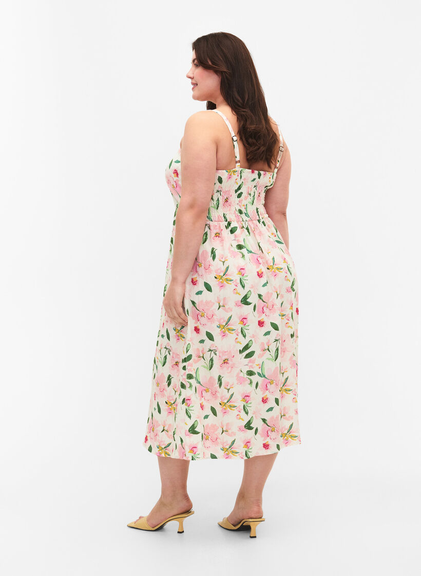 Marszczona wiskozowa sukienka w kwiaty, na ramiaczkach, Off White Flower, Model image number 1