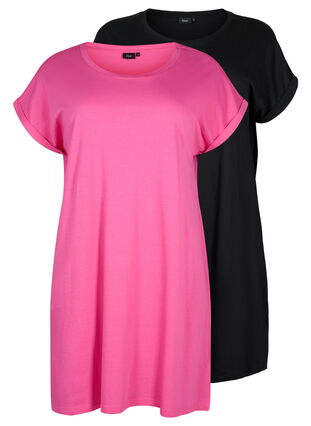 2-pack bawelniana sukienka z krótkimi rekawami, Shocking Pink/Black, Packshot image number 0