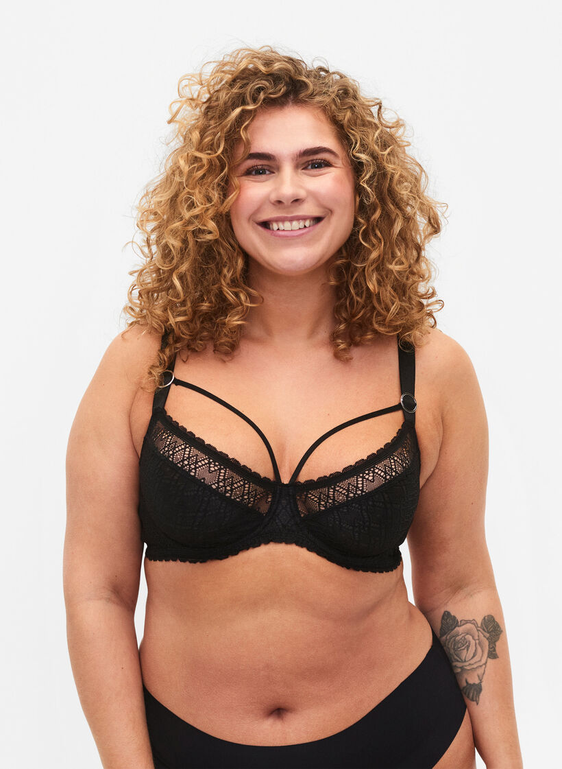 Koronkowa balkonetka ze ozdobnymi paskami, Czarne, Model image number 0