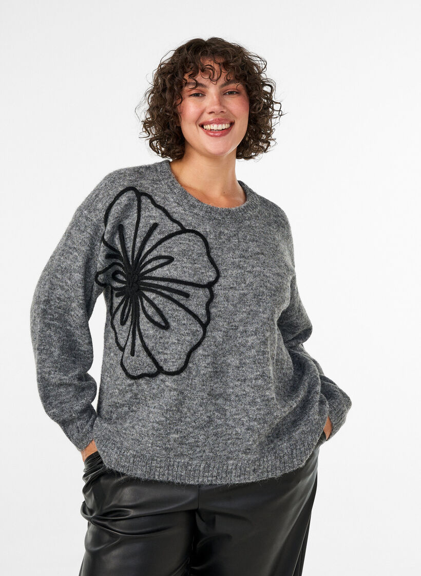Sweter z aplikacja kwiatowa, Szary, Model image number 0