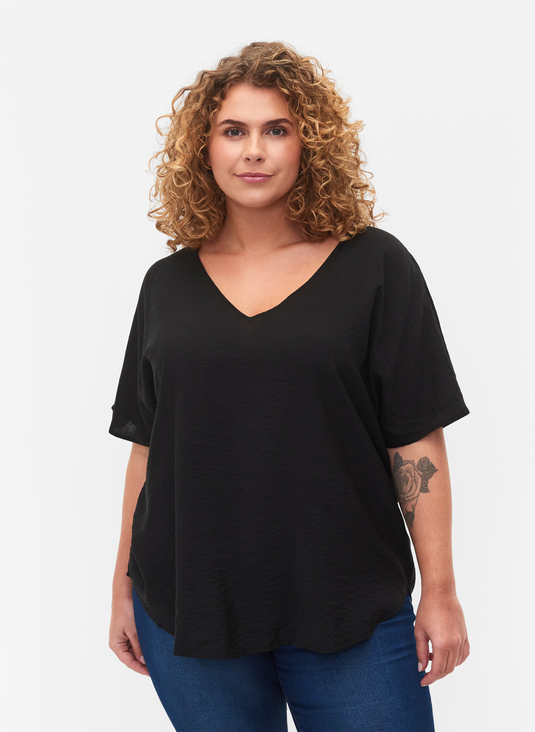 Zizzi Short-sleeved viscose blouse with v-neck, Black, Model image number 0