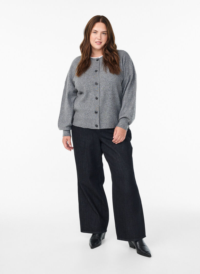 Kardigan z dzianiny w prazki, zapinany na guziki, Szary, Model image number 1