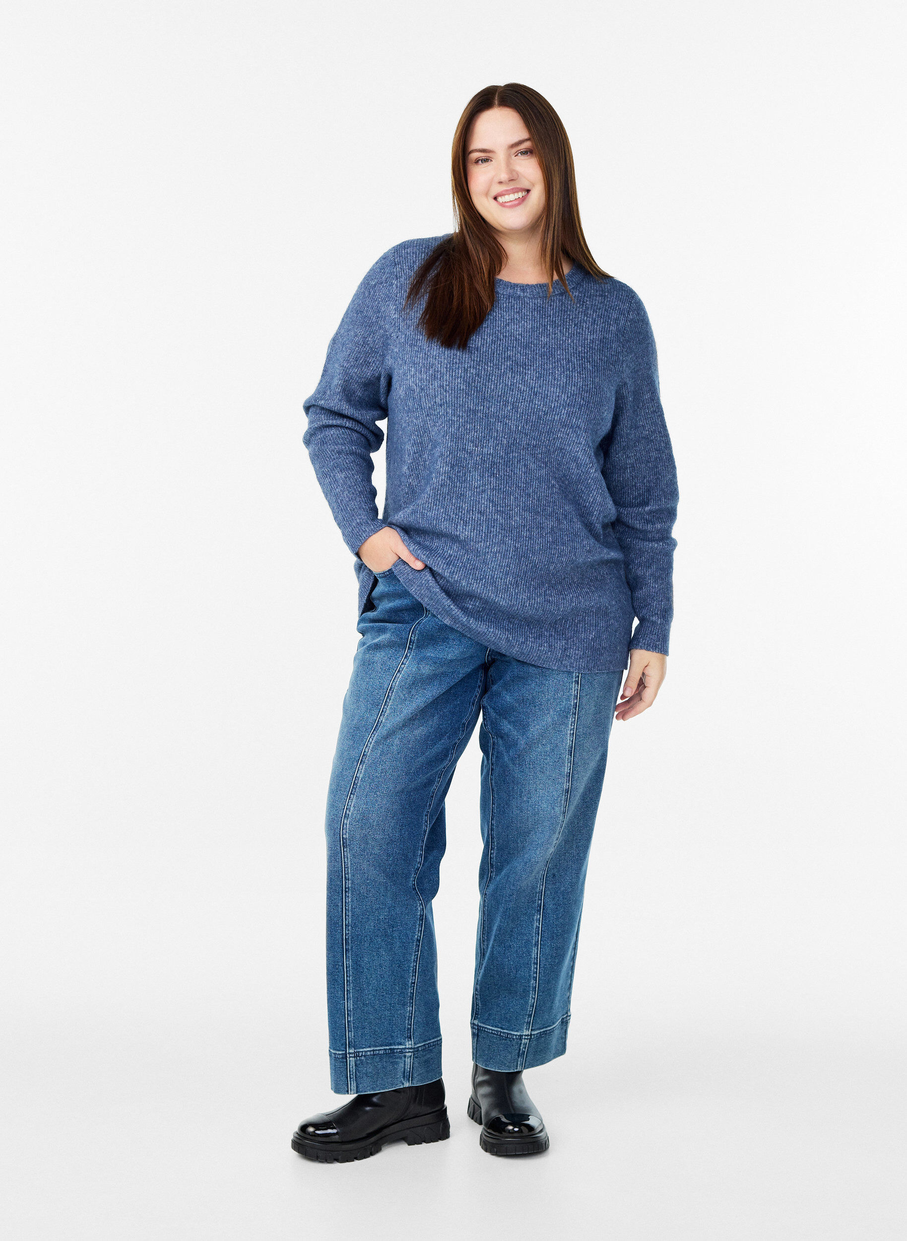 Zizzi Melanzowa dzianinowa bluzka z okraglym dekoltem, Niebieskie, Model image number 1