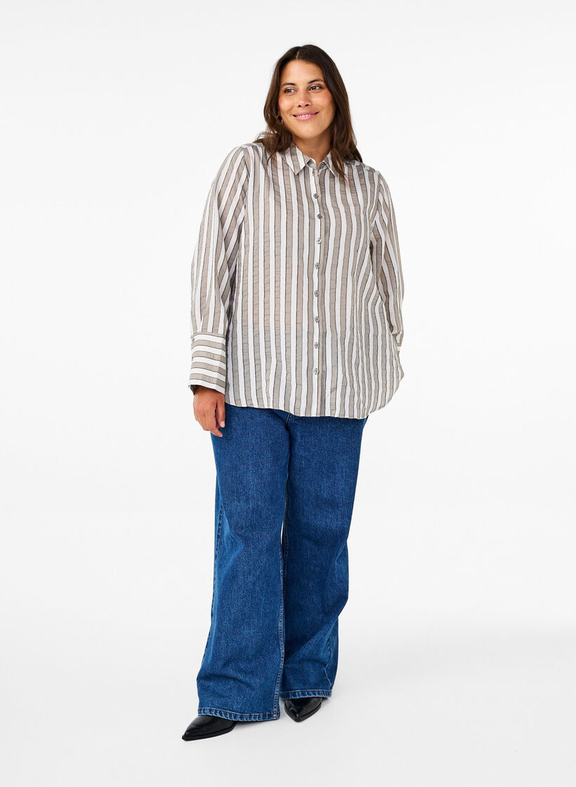 Luzna koszula w paski, Beżowy, Model image number 1