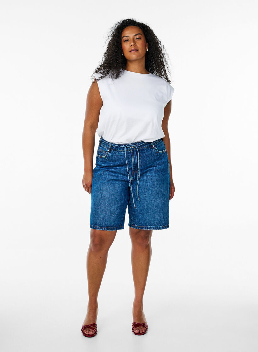 Dzersejowa bluzka bez rekawów z poduszkami na ramionach, Biały, Model image number 1