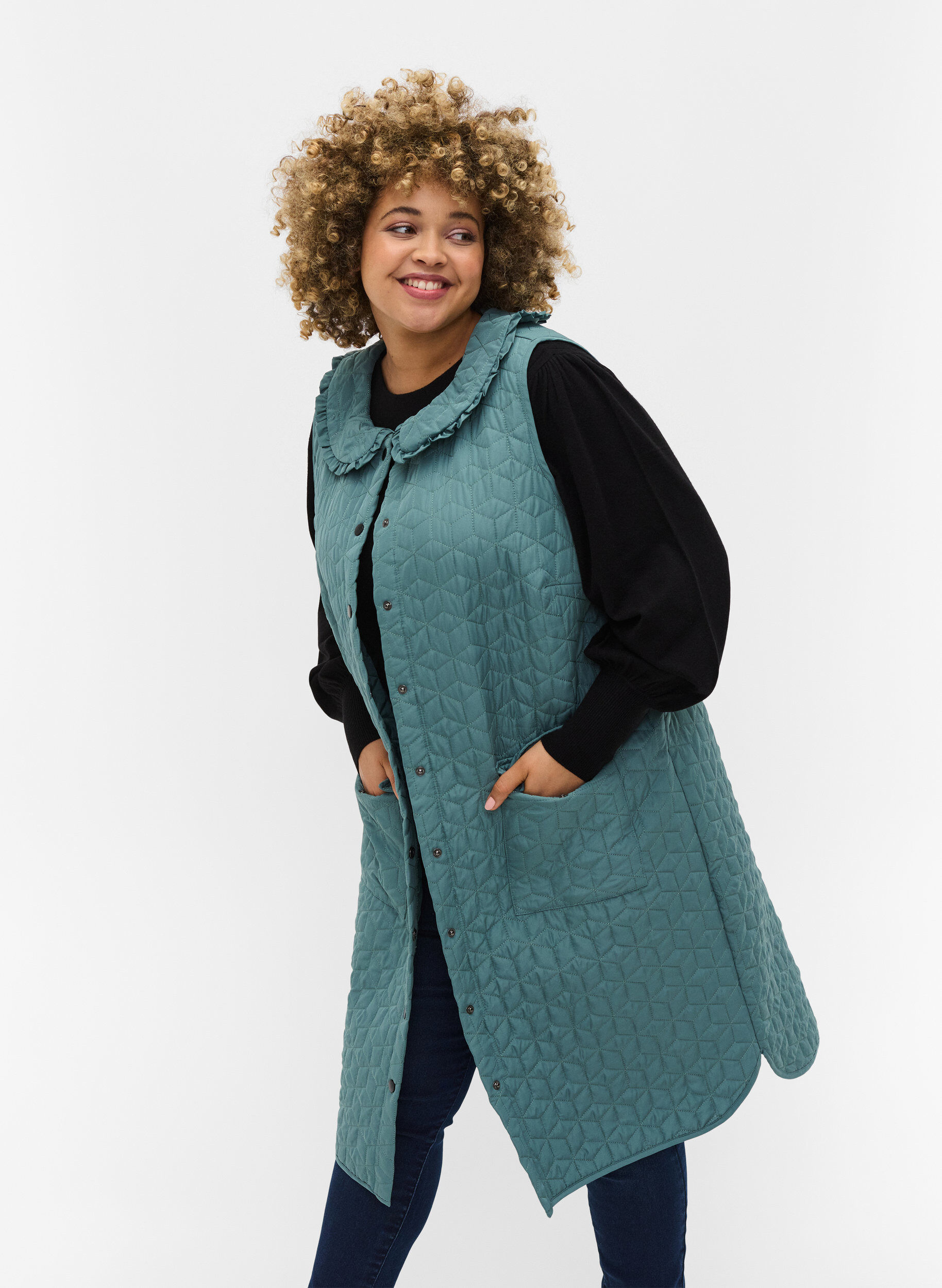 Zizzi Long quilted vest with collar and frills, Sagebrush Green, Model image number 0