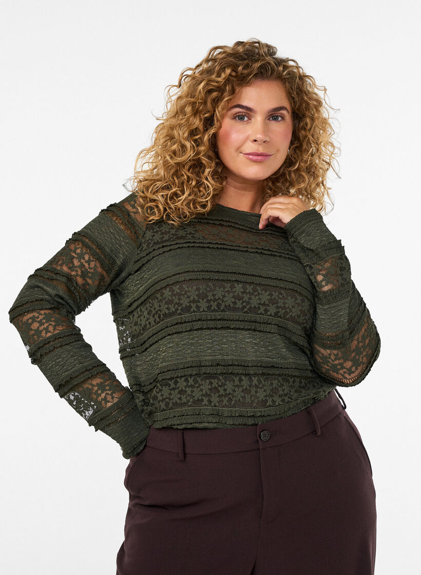Koronkowa bluzka z dlugim rekawem, Zielony, Model image number 0