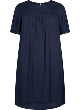 Wiskozowa sukienka z koronkowym paskiem, Navy, Packshot image number 0