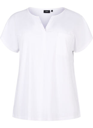 Koszulka z dekoltem w szpic i kieszenia na piersi, Bright White, Packshot image number 0
