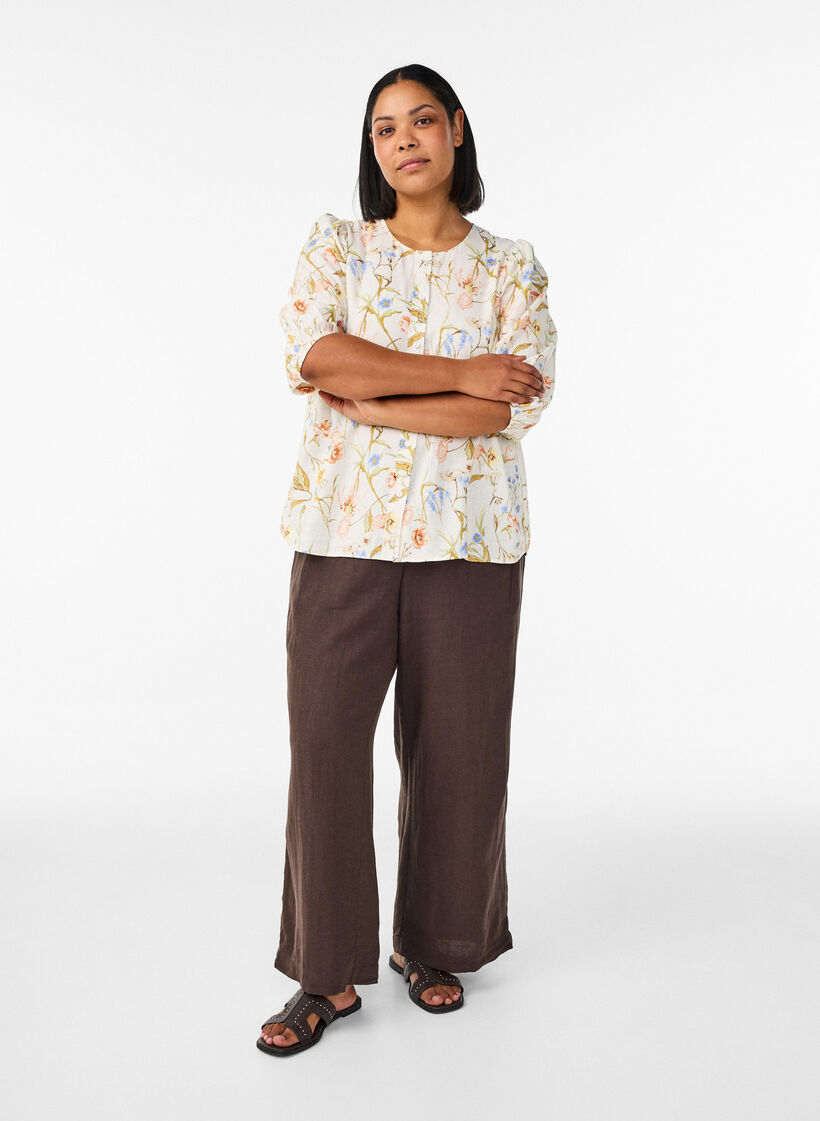 Bluzka koszula z lnu i wiskozy z 3/4-sleeves, Biały, Model image number 1