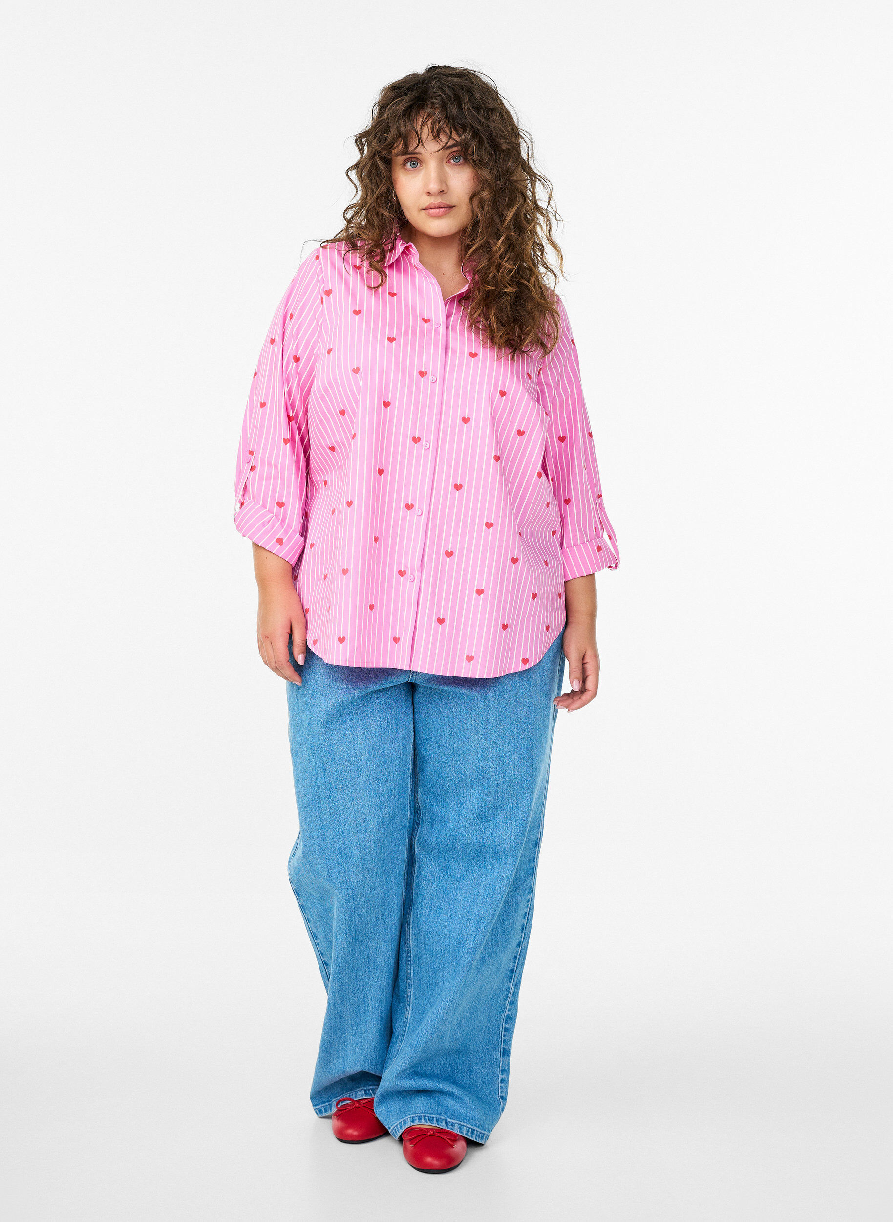 ZizziBluzka koszula w paski i serduszka, R&oacute;żowy, Model image number 1