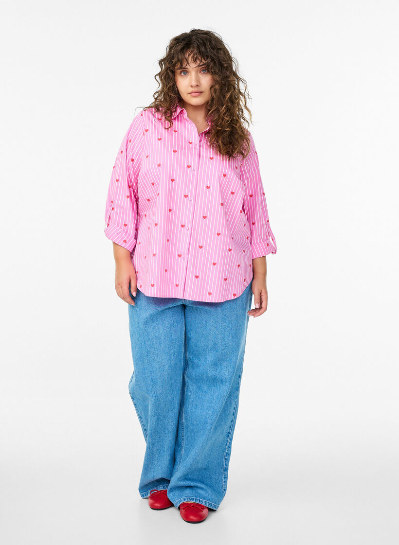 Bluzka koszula w paski i serduszka, R&oacute;żowy, Model image number 1