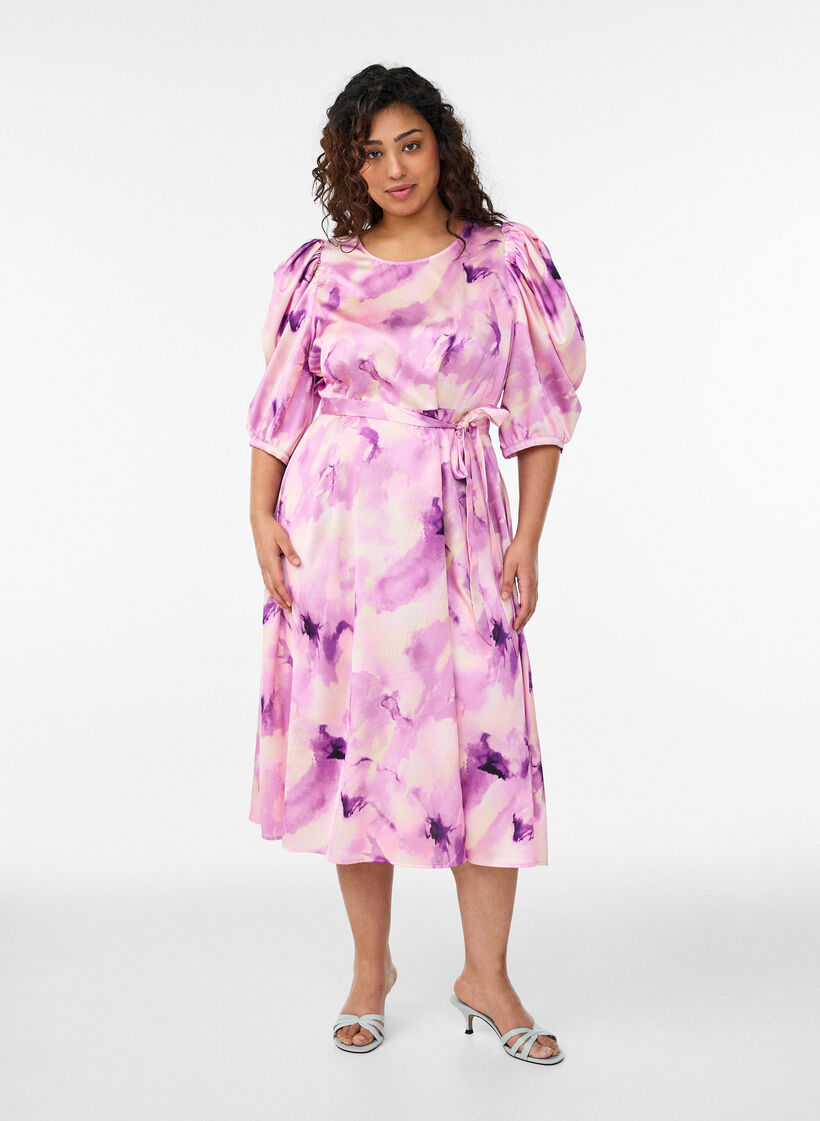 Sukienka imprezowa z kr&oacute;tkim rekawem i wiazanym paskiem, Fioletowy, Model image number 0