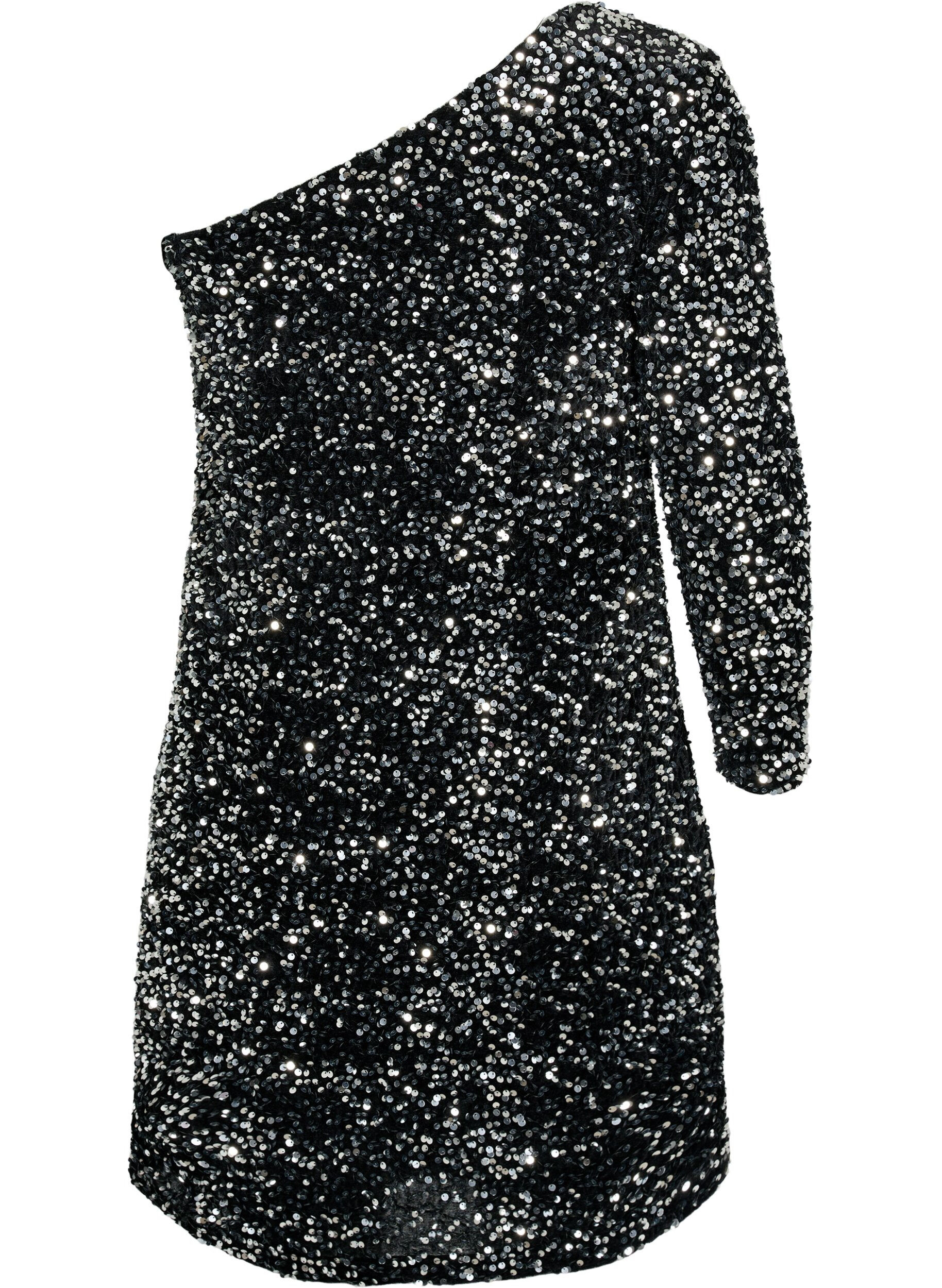 Zizzi Kr&oacute;tka sukienka na jedno ramie z cekinami, Black/Silver Sequins, Packshot image number 1
