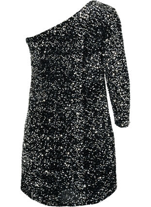 Krótka sukienka na jedno ramie z cekinami, Black/Silver Sequins, Packshot image number 1