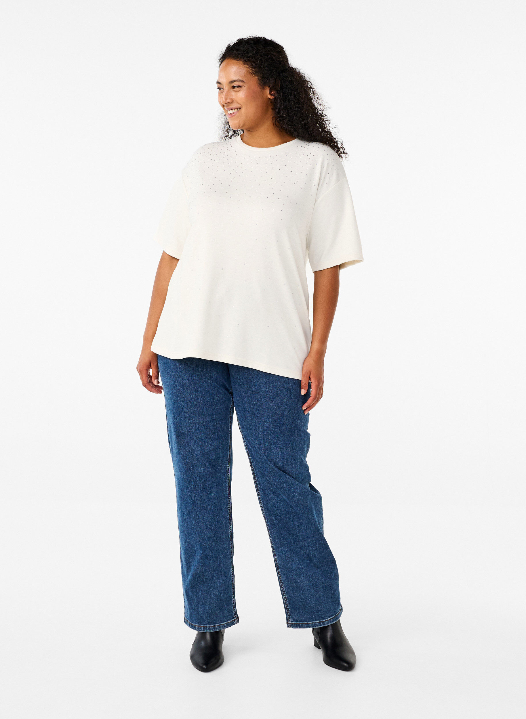 Zizzi T-shirt z dzetami i okraglym dekoltem, Biały, Model image number 1