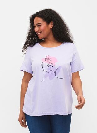 Bawelniana koszulka z okraglym dekoltem i nadrukiem, Lavender FACE, Model image number 0