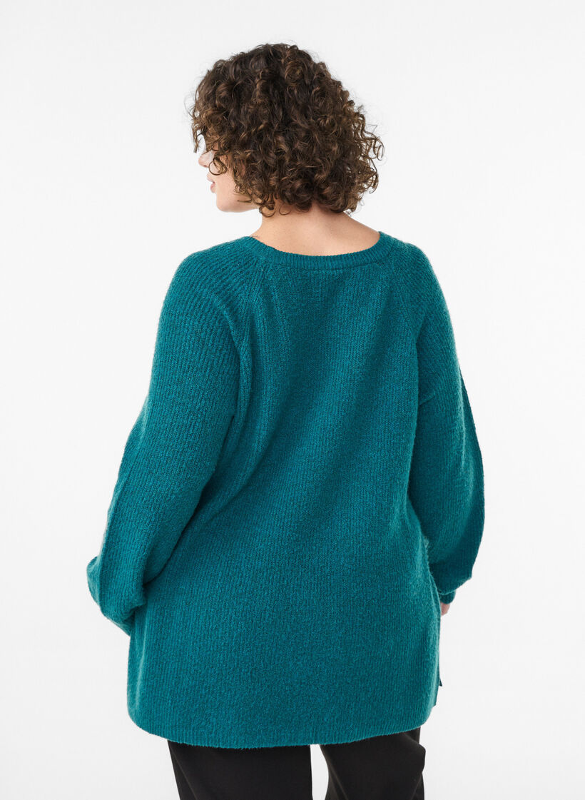 Sweter z dzianiny z ukosnym wzorem i rekawami raglanowymi, Zielony, Model image number 2