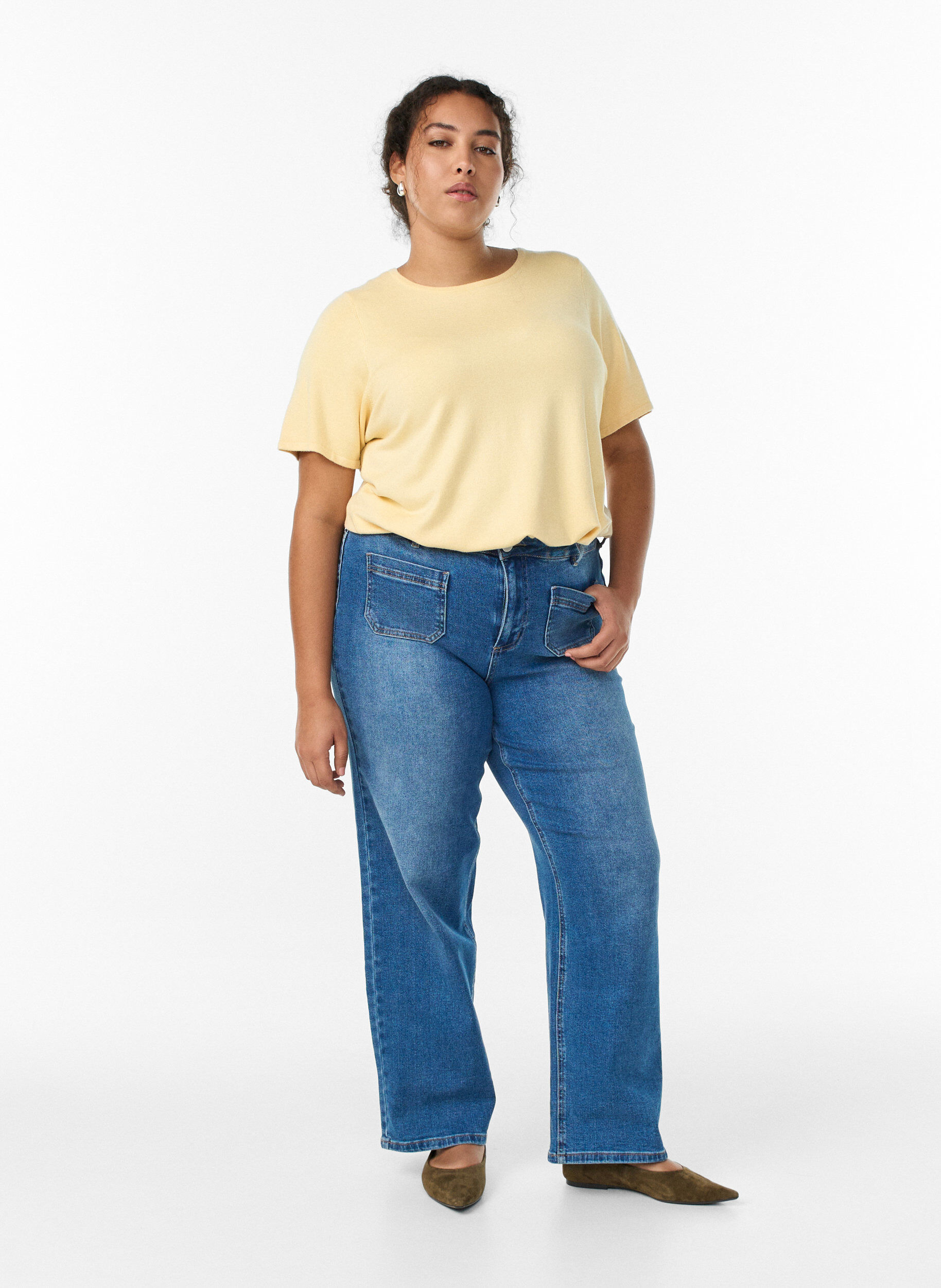 Zizzi Dzianinowa bluzka z kr&oacute;tkim rekawem z wiskozy, Ż&oacute;łty, Model image number 1