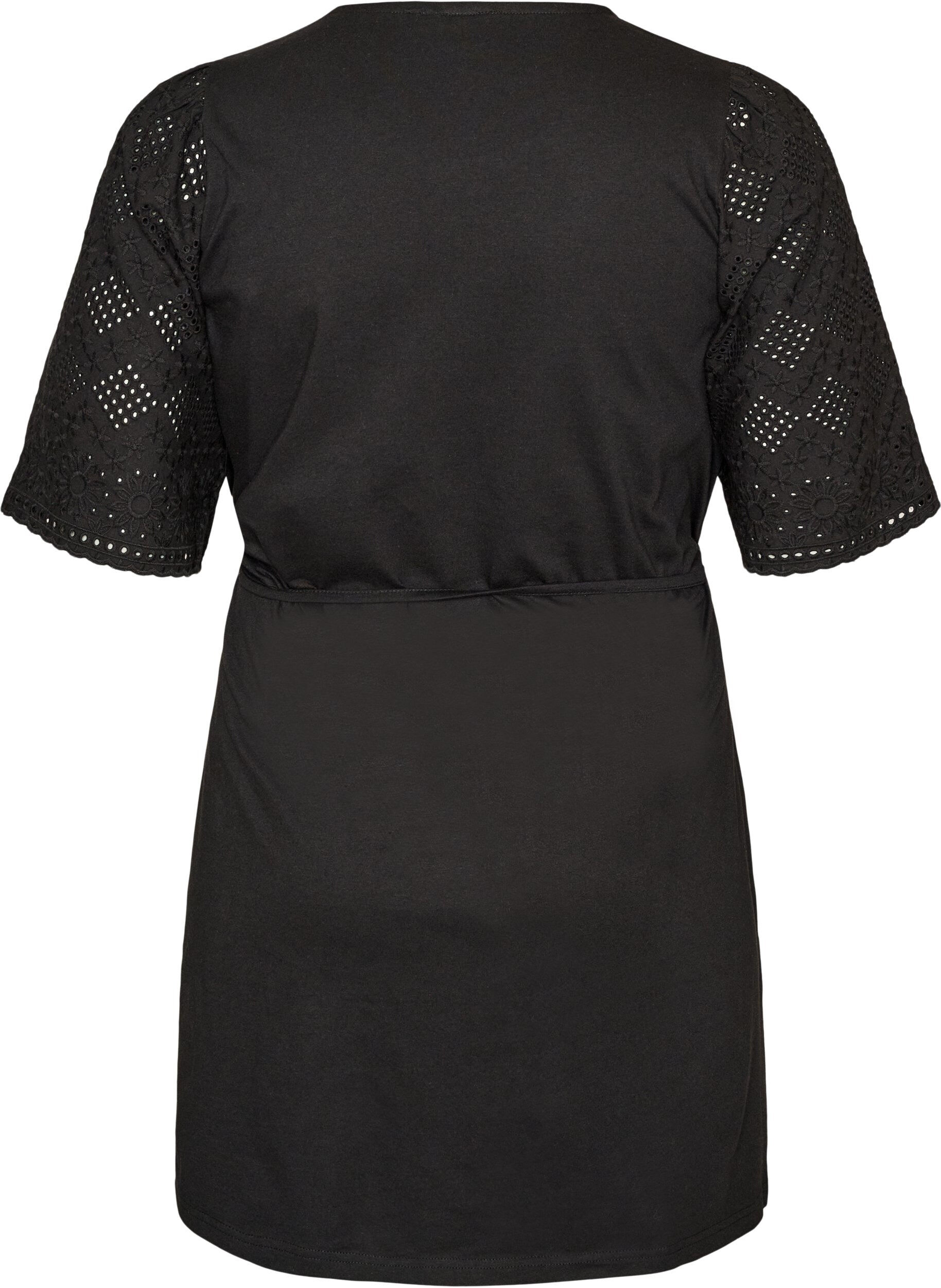 ZizziBawelniana sukienka z rekawami broderie anglaise i wiazaniem w talii, Czarne, Packshot image number 1