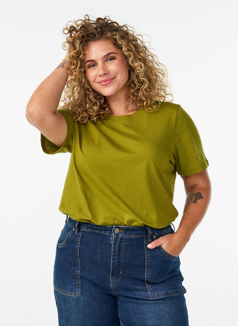 Podstawowa koszulka bawelniana z okraglym dekoltem, Zielony, Model image number 0