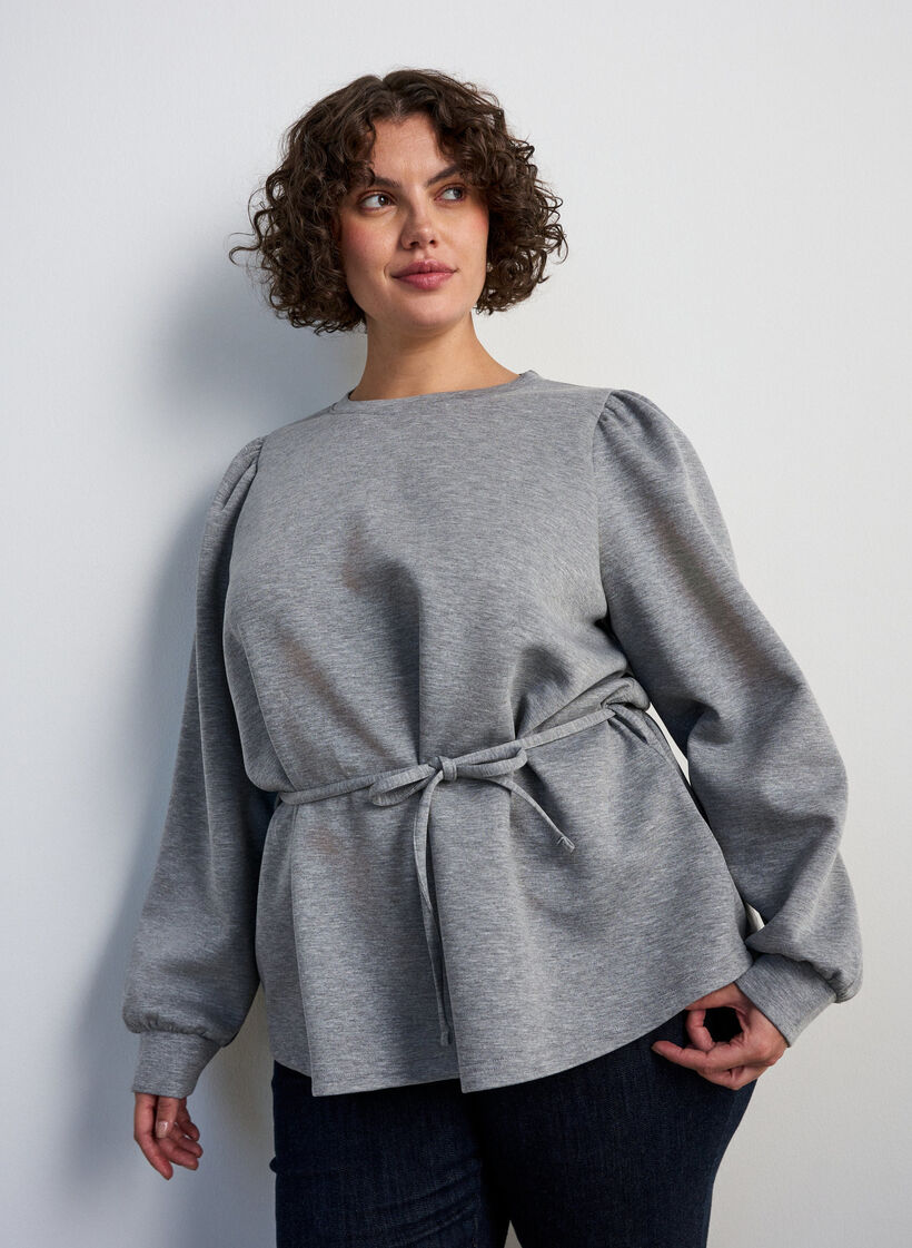 Bluzka z wiazaniem i bufiastymi rekawami, Szary, Model image number 3