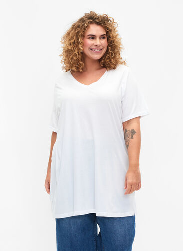Jednokolorowa koszulka typu oversize z dekoltem w szpic, Bright White, Model image number 0