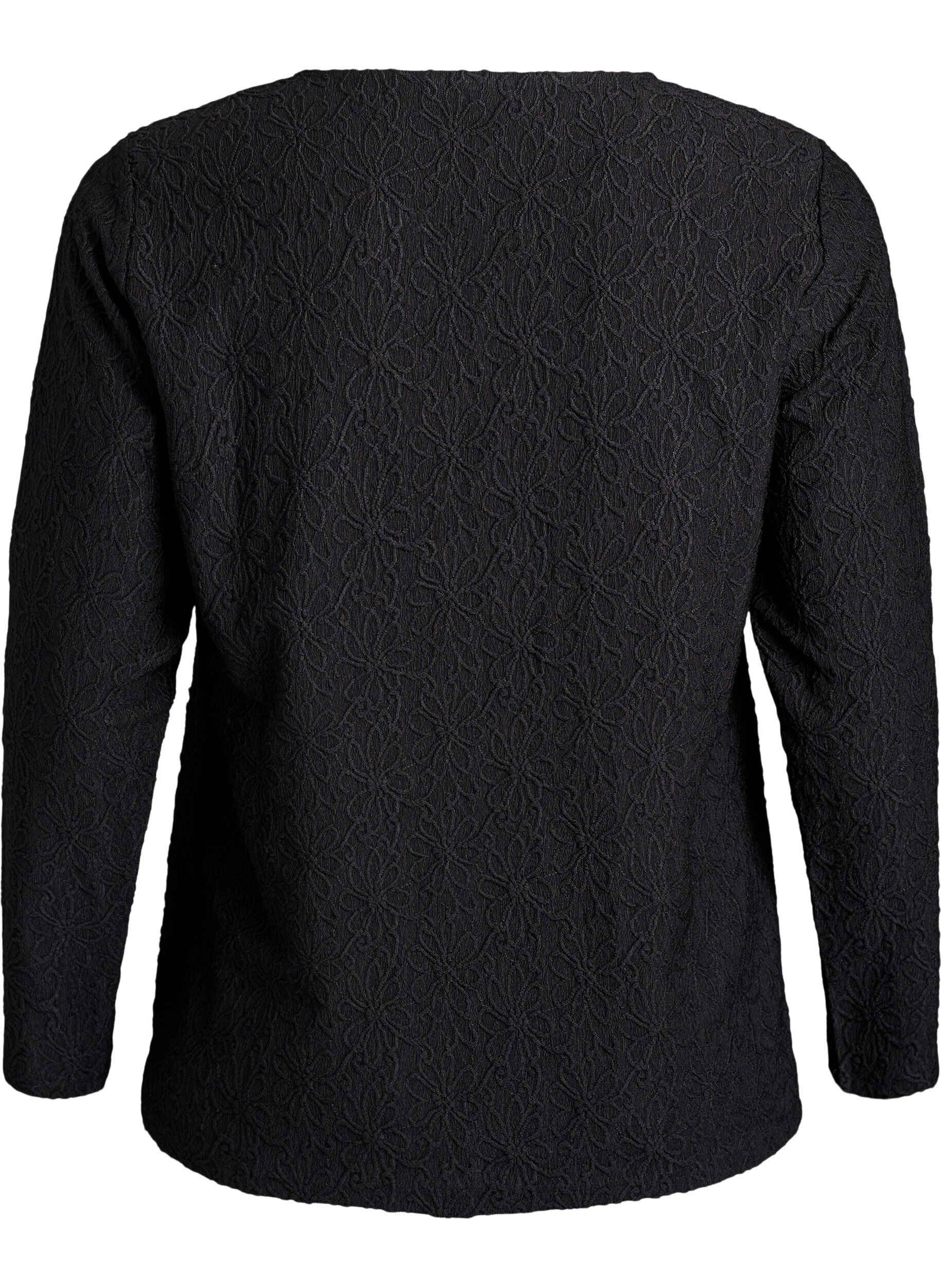 Zizzi Bluzka z dlugim rekawem o kwiatowej teksturze, Czarne, Packshot image number 1