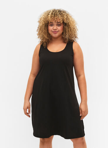 Trapezowa sukienka z bawelny bez rekawów, Black, Model image number 0