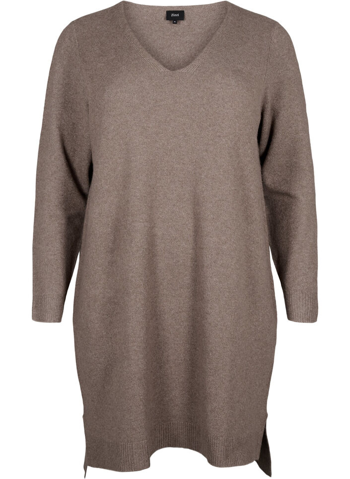 Dzianinowa sukienka z rozcieciem, Walnut/White, Packshot image number 0