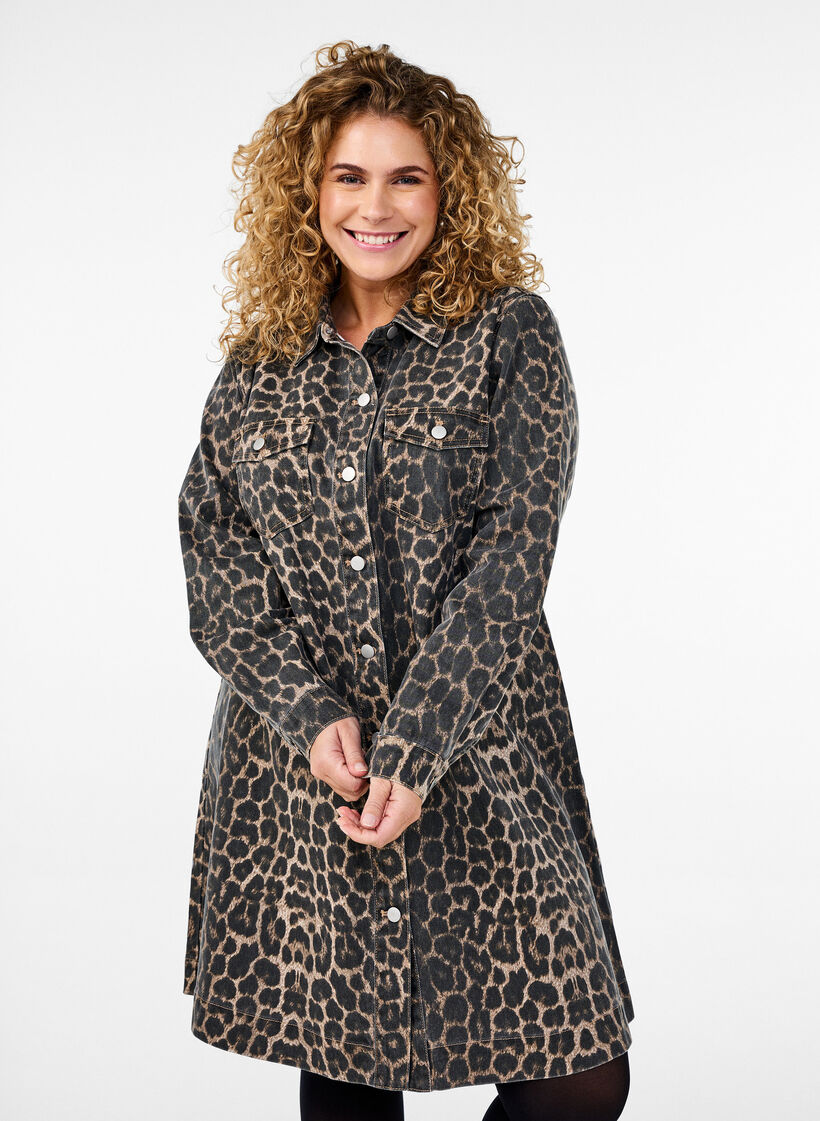 Dzinsowa sukienka w panterke z dlugim rekawem, Brown Leo AOP, Model image number 0