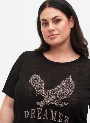Koszulka z cwiekami i okraglym dekoltem, Black, Model image number 2