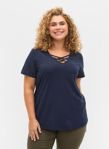 T-shirt z krótkim rekawem i dekoltem w szpic, Navy Blazer, Model image number 0