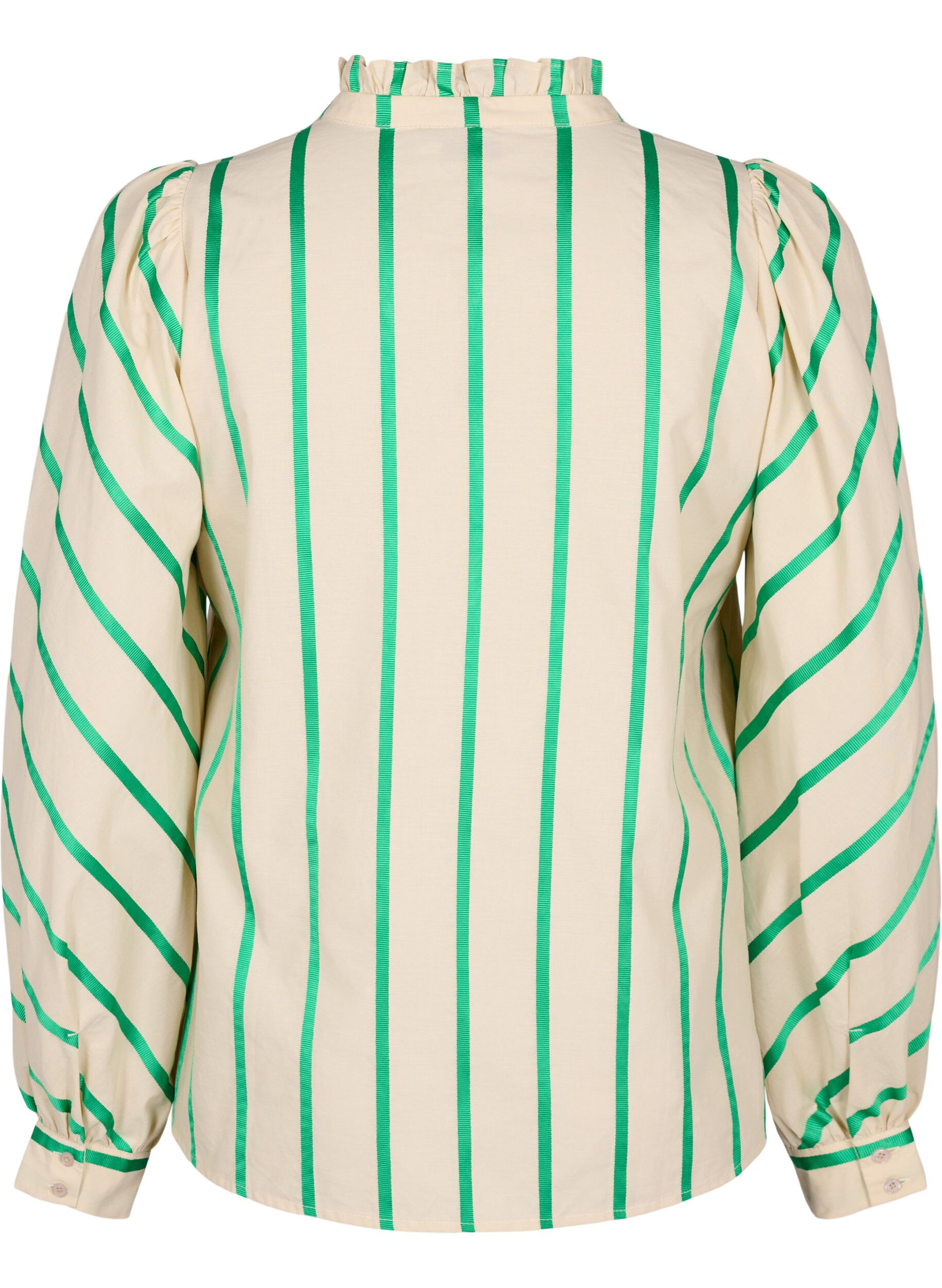 Zizzi Bawelniana bluzka koszulowa w paski z kolnierzykiem z falbanami, Beige Green Stripe, Packshot image number 1
