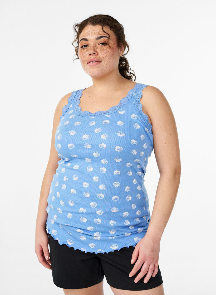 Top z nadrukiem i koronkowym brzegiem, Niebieskie, Model image number 0