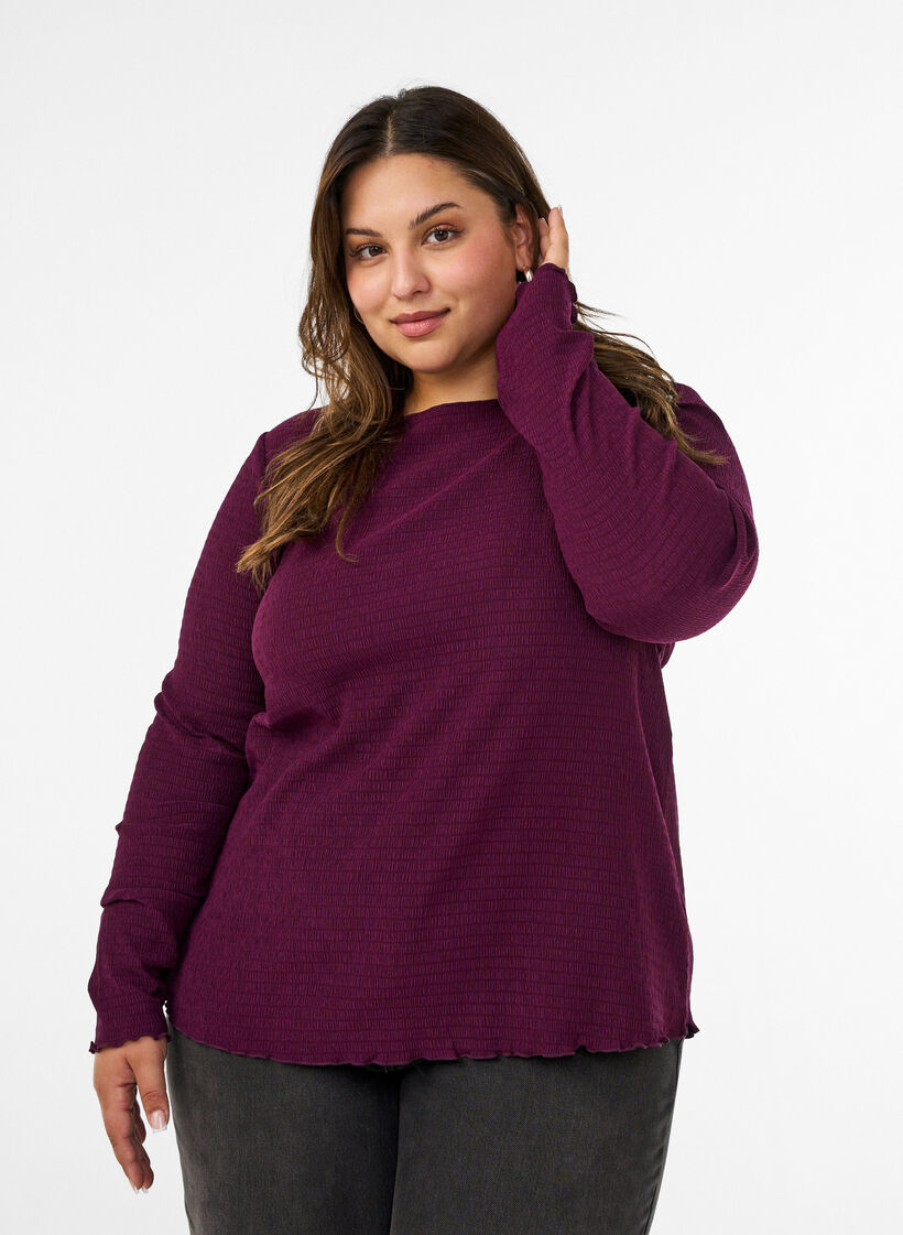 Strukturalna bluzka z falistymi brzegami, Fioletowy, Model image number 0