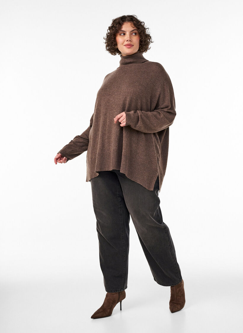 Sweter z kolnierzykiem i luznym krojem, Brązowy, Model image number 1