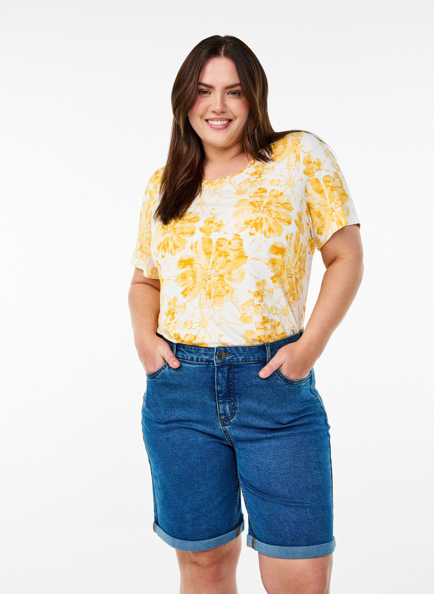 Dopasowane szorty jeansowe z wysoka talia, Niebieskie, Model