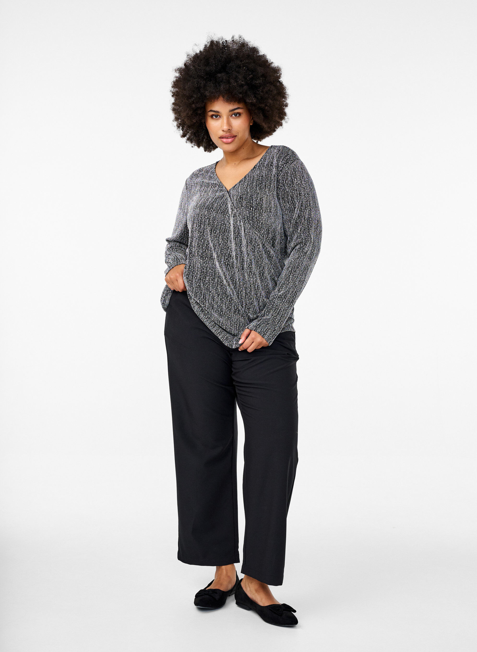 Zizzi Zawijany, brokatowy top na impreze, Czarne, Model image number 1