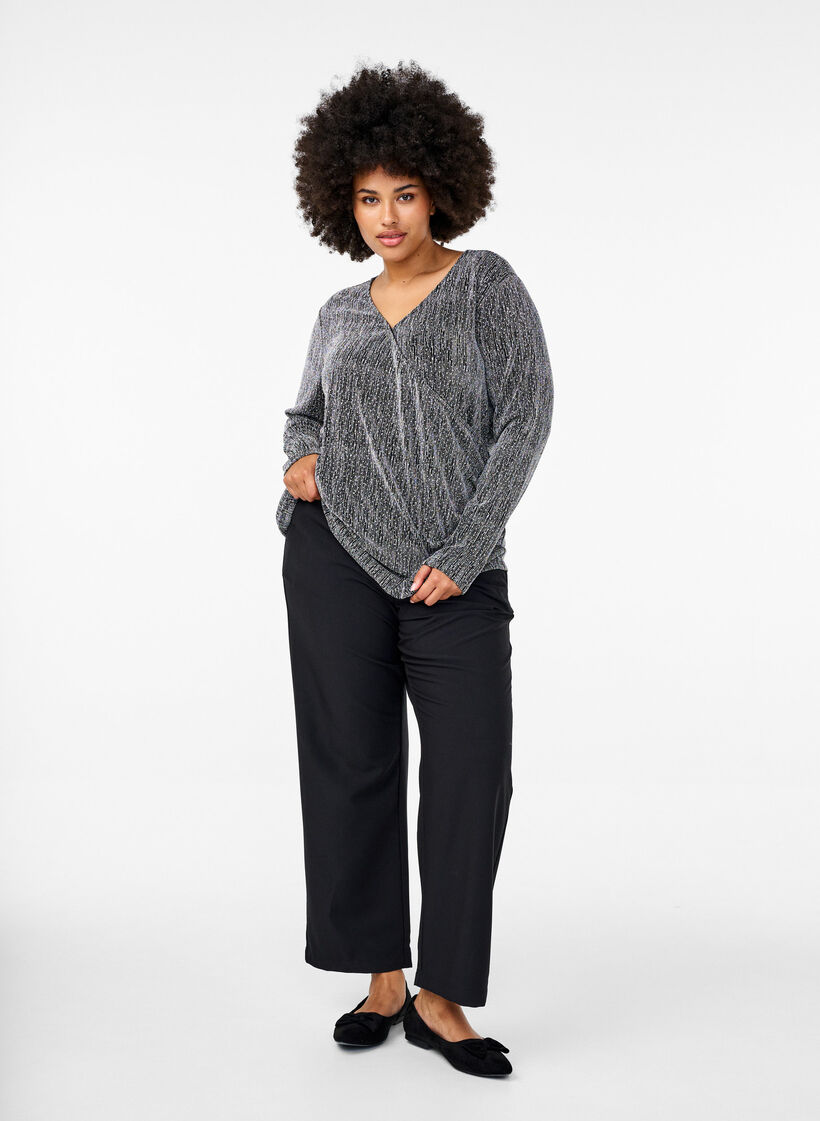 Zawijany, brokatowy top na impreze, Czarne, Model image number 1