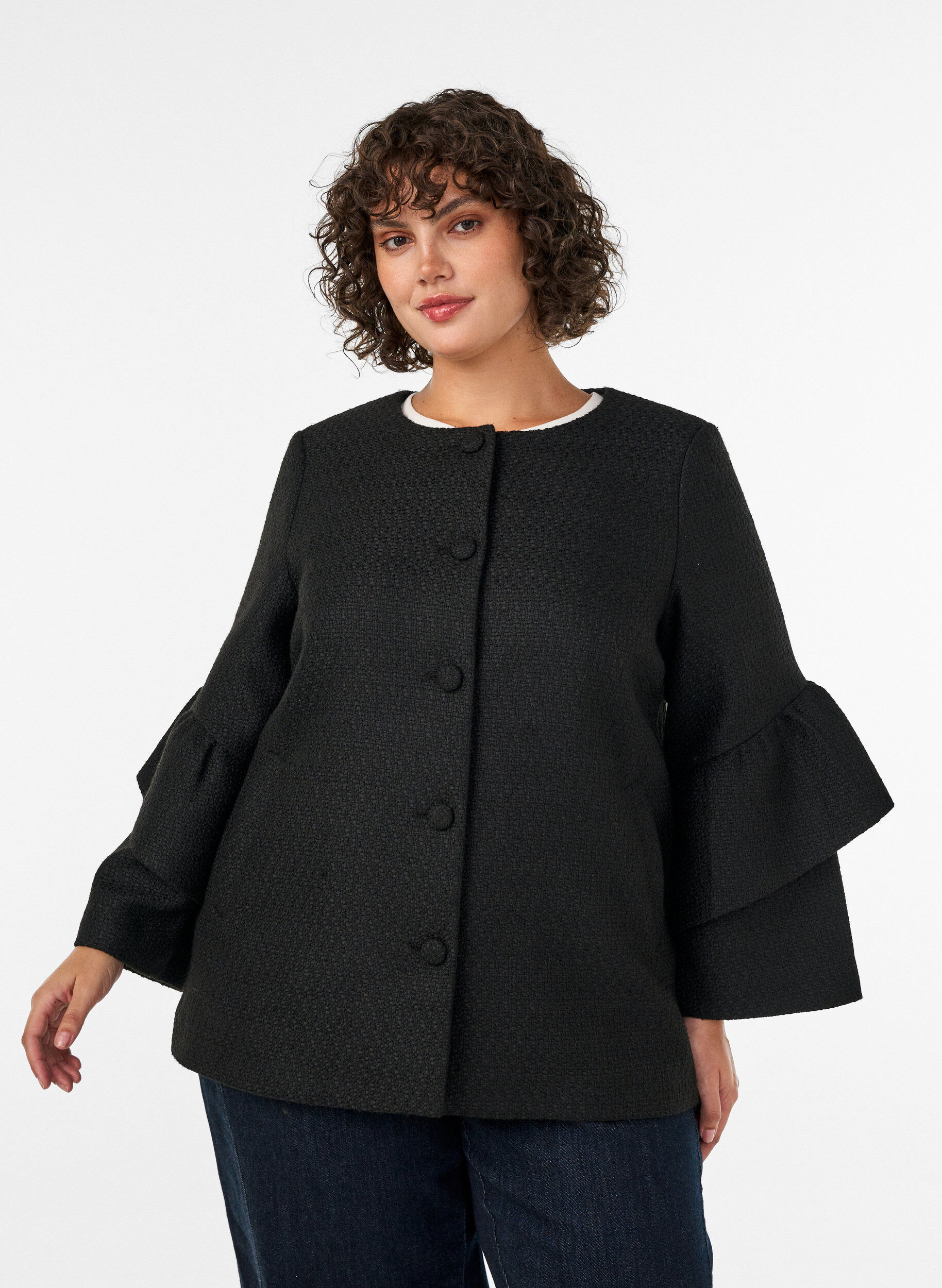 ZizziKurtka boucl&eacute; z falbankami, Czarne, Model image number 3