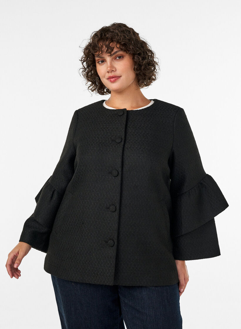 Kurtka boucl&eacute; z falbankami, Czarne, Model image number 3
