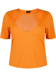 Dopasowana bluzka z dekoltem w szpic i detalami z siateczki, Vibrant Orange, Packshot