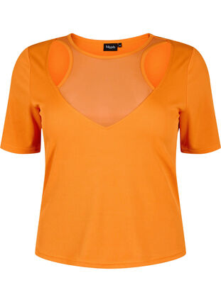 Dopasowana bluzka z dekoltem w szpic i detalami z siateczki, Vibrant Orange, Packshot image number 0