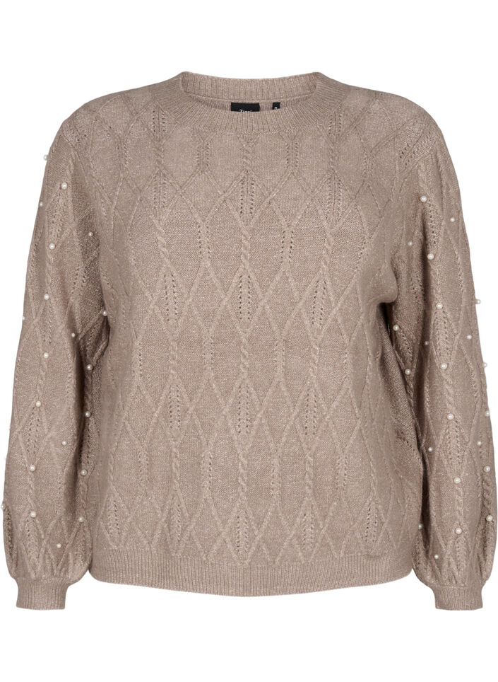 Dzianinowy sweter ze wzorem i z perlami, Desert Taupe Mel., Packshot image number 0