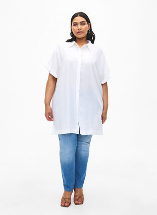 Dluga koszula z wiskozy z krótkimi rekawami, Bright White, Model image number 2
