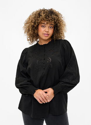 Bluzka z marszczeniami i haftem angielskim, Black, Model image number 0